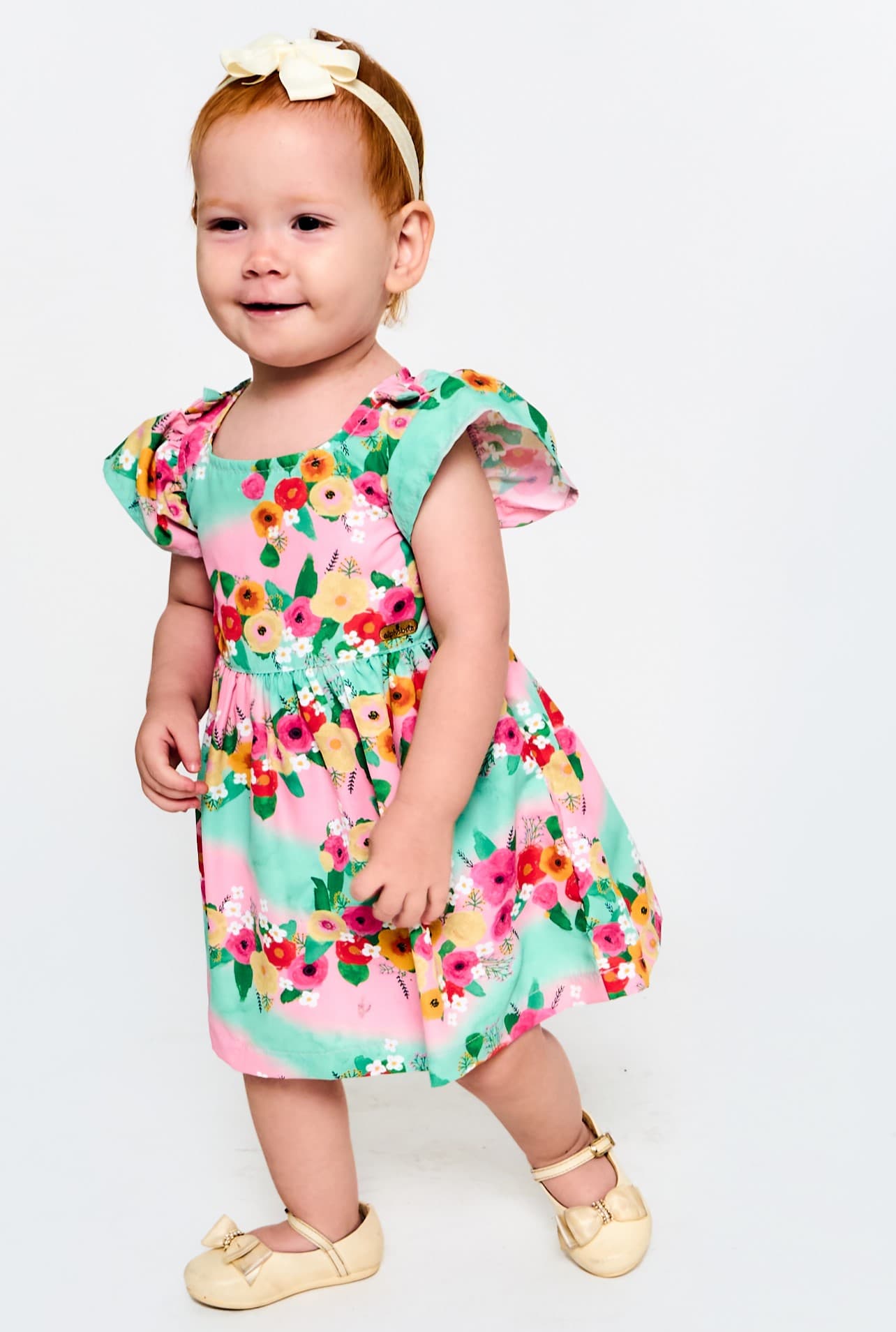 VESTIDO E CALCINHA PINCELADA DE FLORES VERDE E ROSA 3-6 M